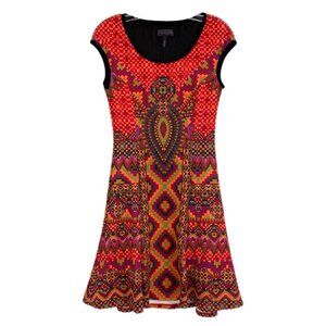 Hale Bob Red Green Geometric Print Mini Dress | Cap Sleeve Style